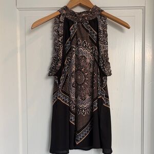Sleeveless Women’s Black and Taupe Printed Halter Top with Toe Back Size Medium